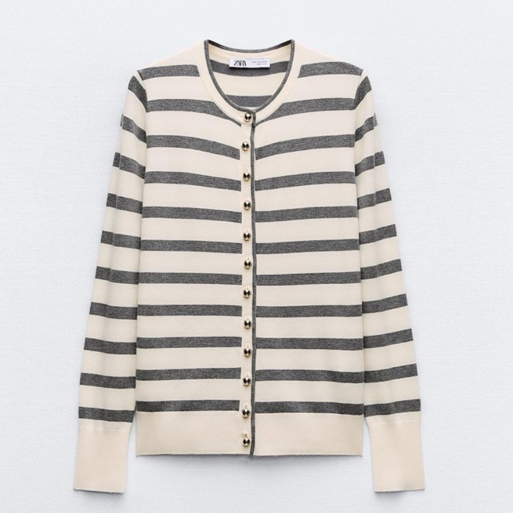 NWOT Zara Cream Grey Striped Cardigan Gold Buttons Knit Size M
